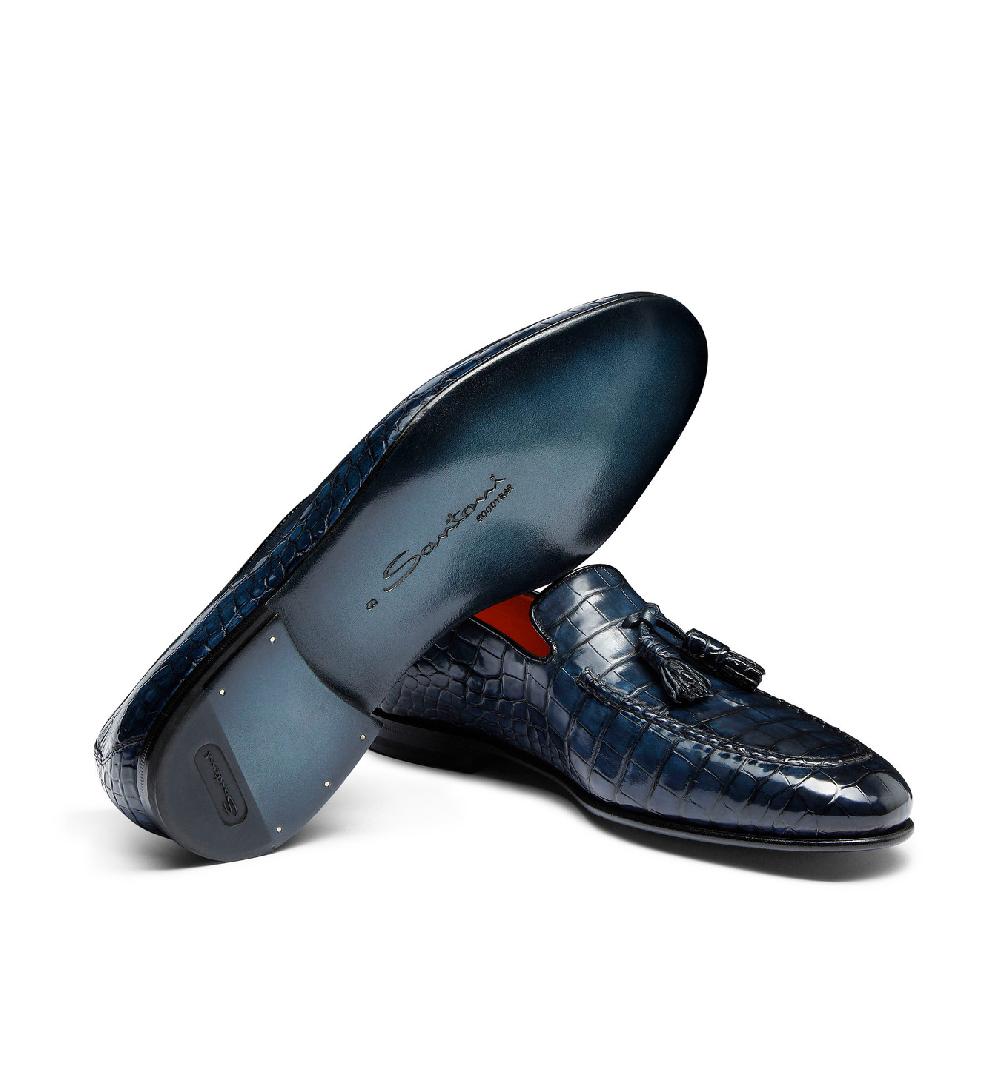 Santoni Mocassino con nappe da uomo in alligatore blu Outlet