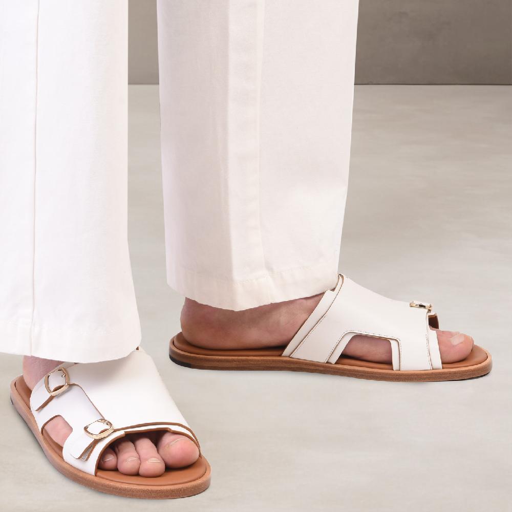 Santoni Sandalo doppia fibbia da uomo in pelle bianca Vendita Calda