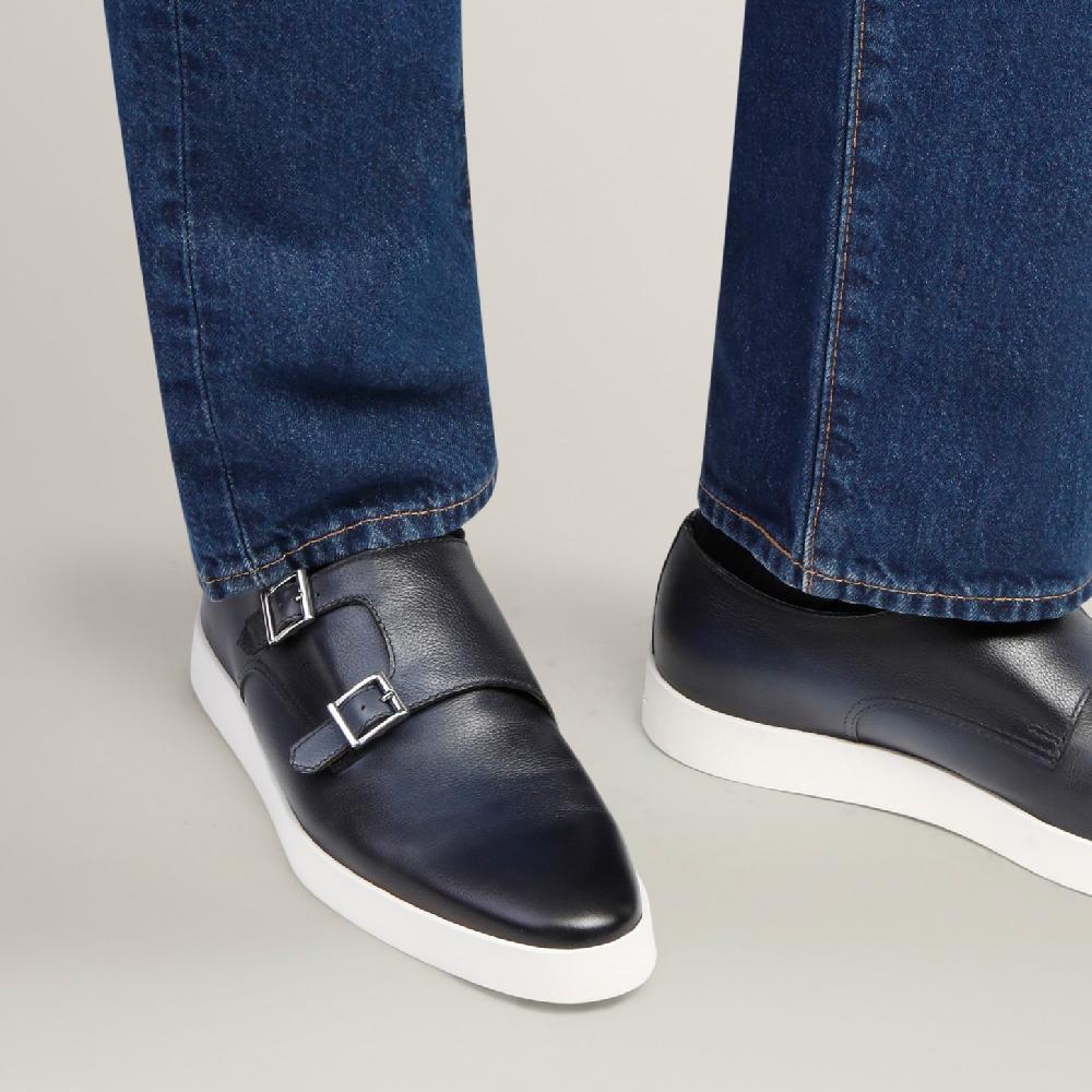 Santoni Doppia fibbia da uomo in pelle blu Saldi Di Fabbrica