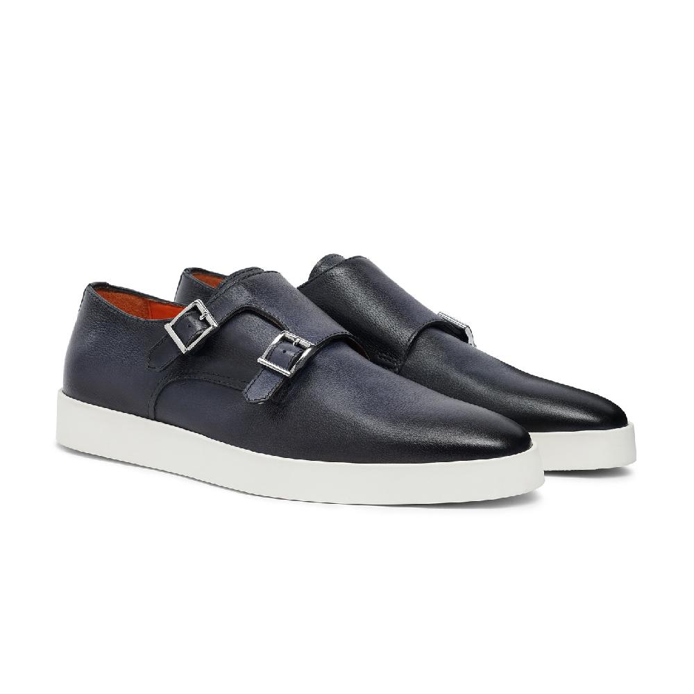Santoni Doppia fibbia da uomo in pelle blu Saldi Di Fabbrica