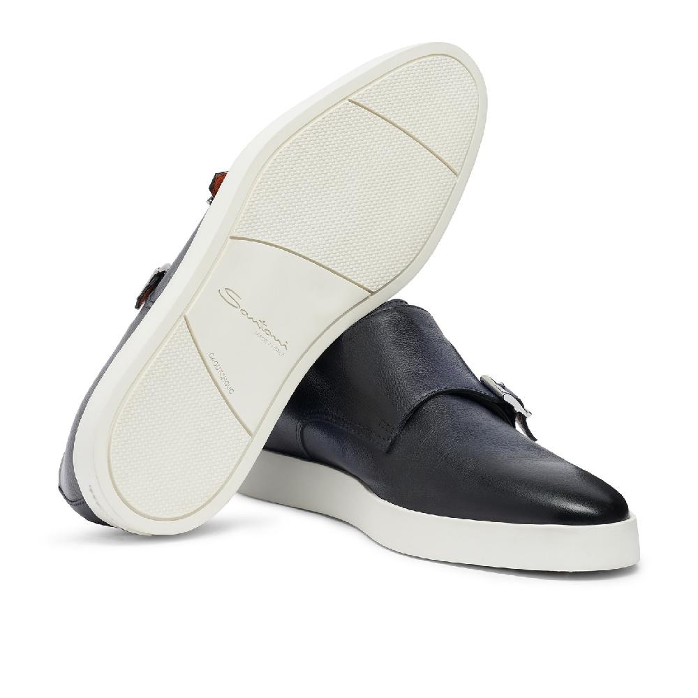 Santoni Doppia fibbia da uomo in pelle blu Saldi Di Fabbrica
