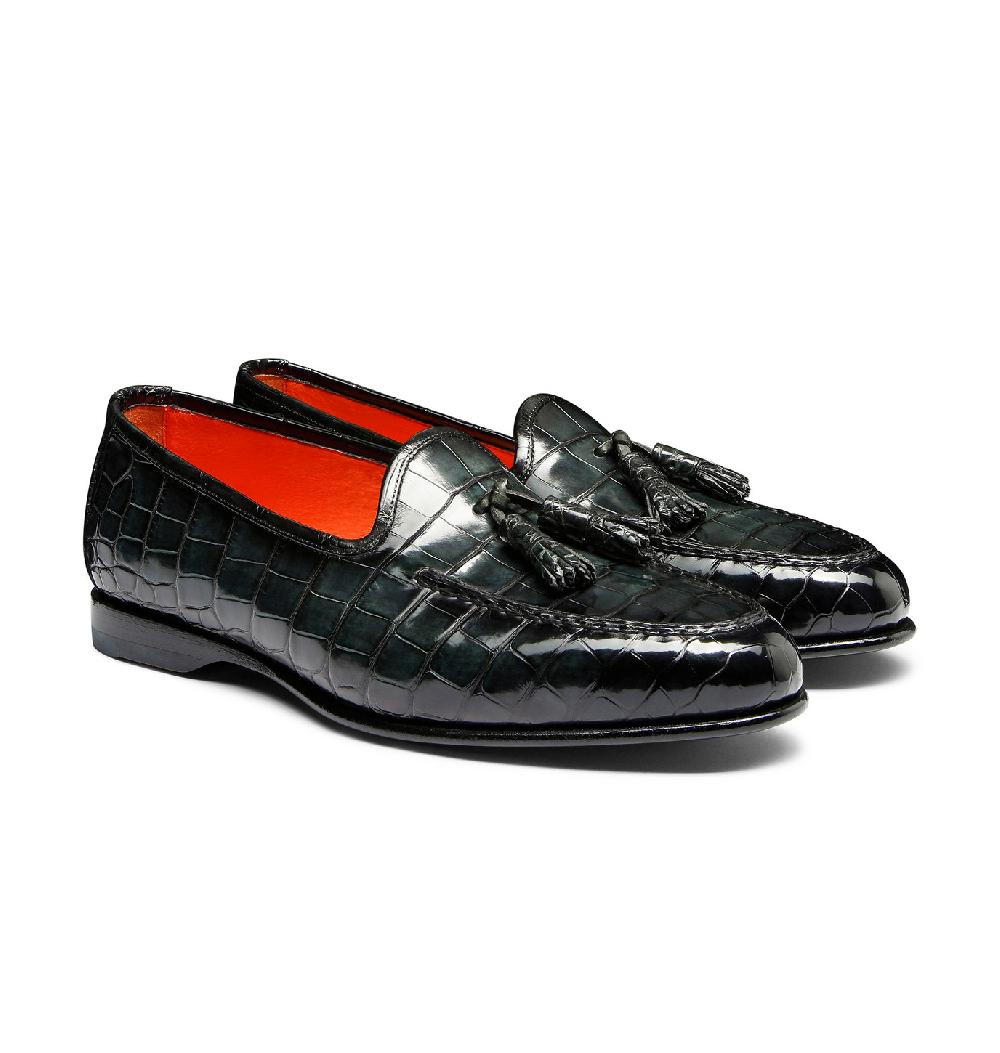 Santoni Mocassino Andrea con nappe da uomo in alligatore verde I Più Venduti