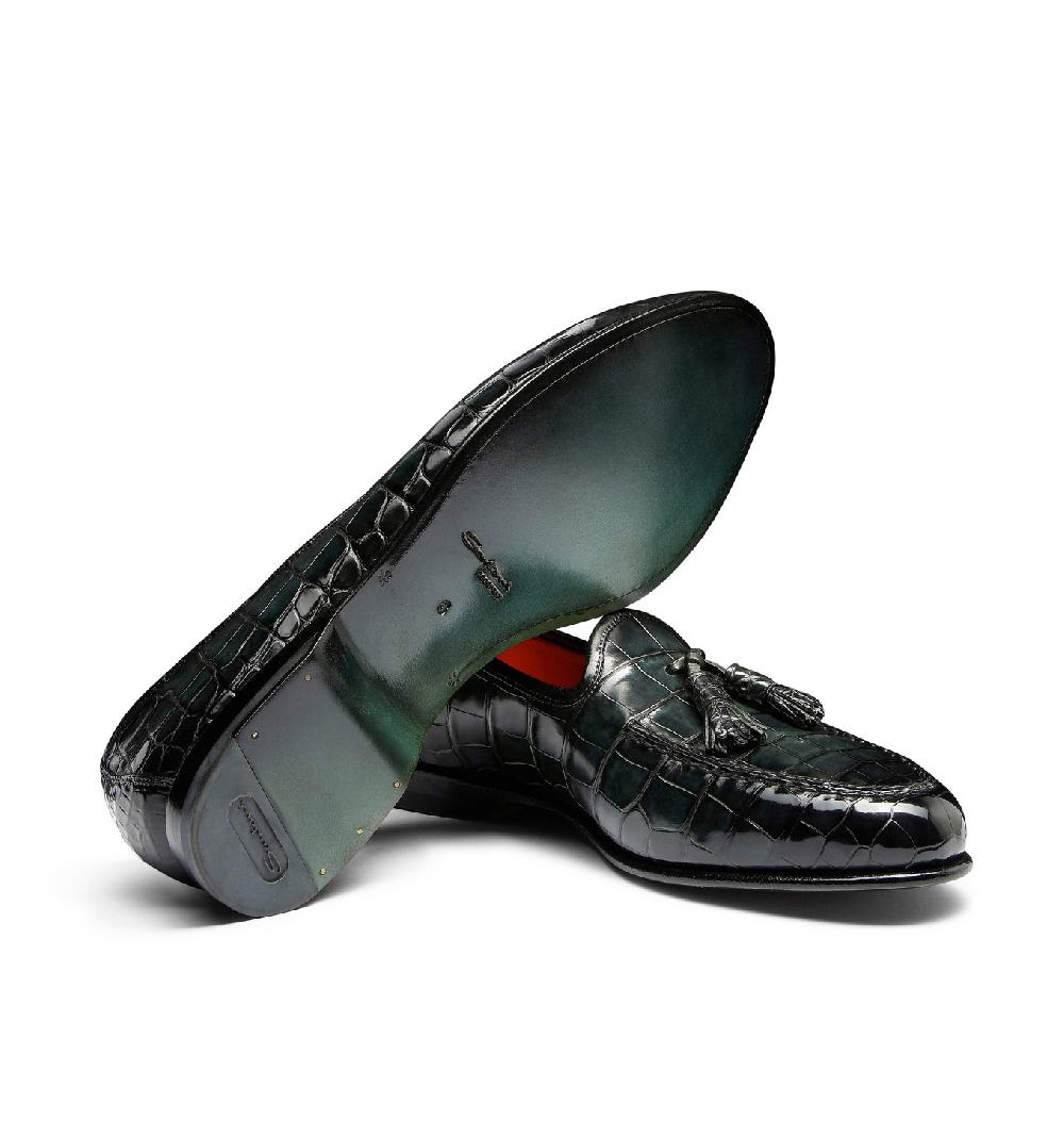 Santoni Mocassino Andrea con nappe da uomo in alligatore verde I Più Venduti