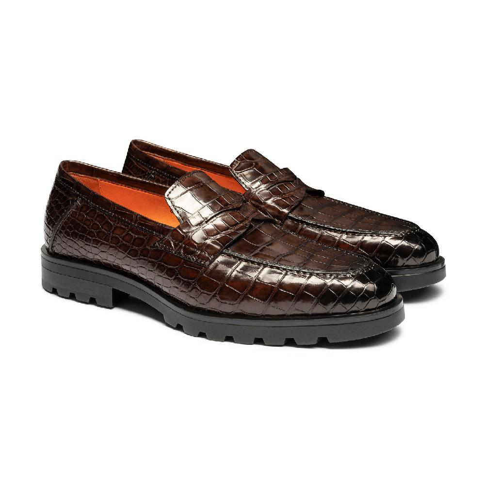 Santoni Mocassino penny da uomo in alligatore testa di moro In Saldo