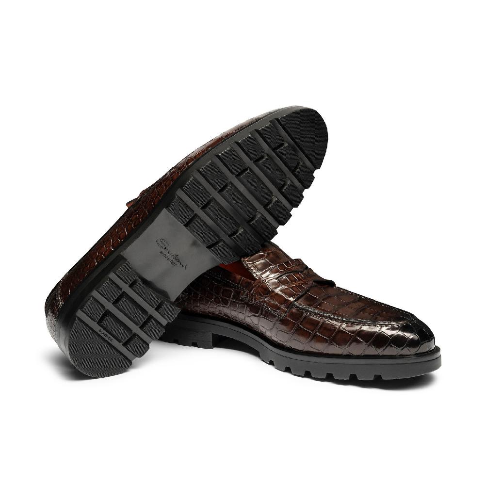 Santoni Mocassino penny da uomo in alligatore testa di moro In Saldo