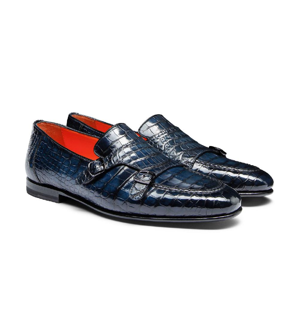 Santoni Mocassino con doppia fibbia da uomo in alligatore blu Nuova
