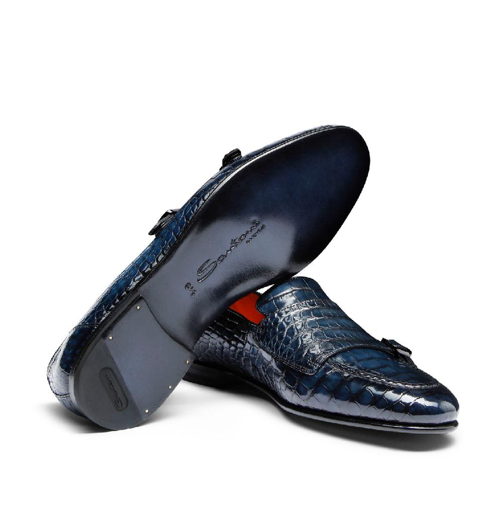 Santoni Mocassino con doppia fibbia da uomo in alligatore blu Nuova