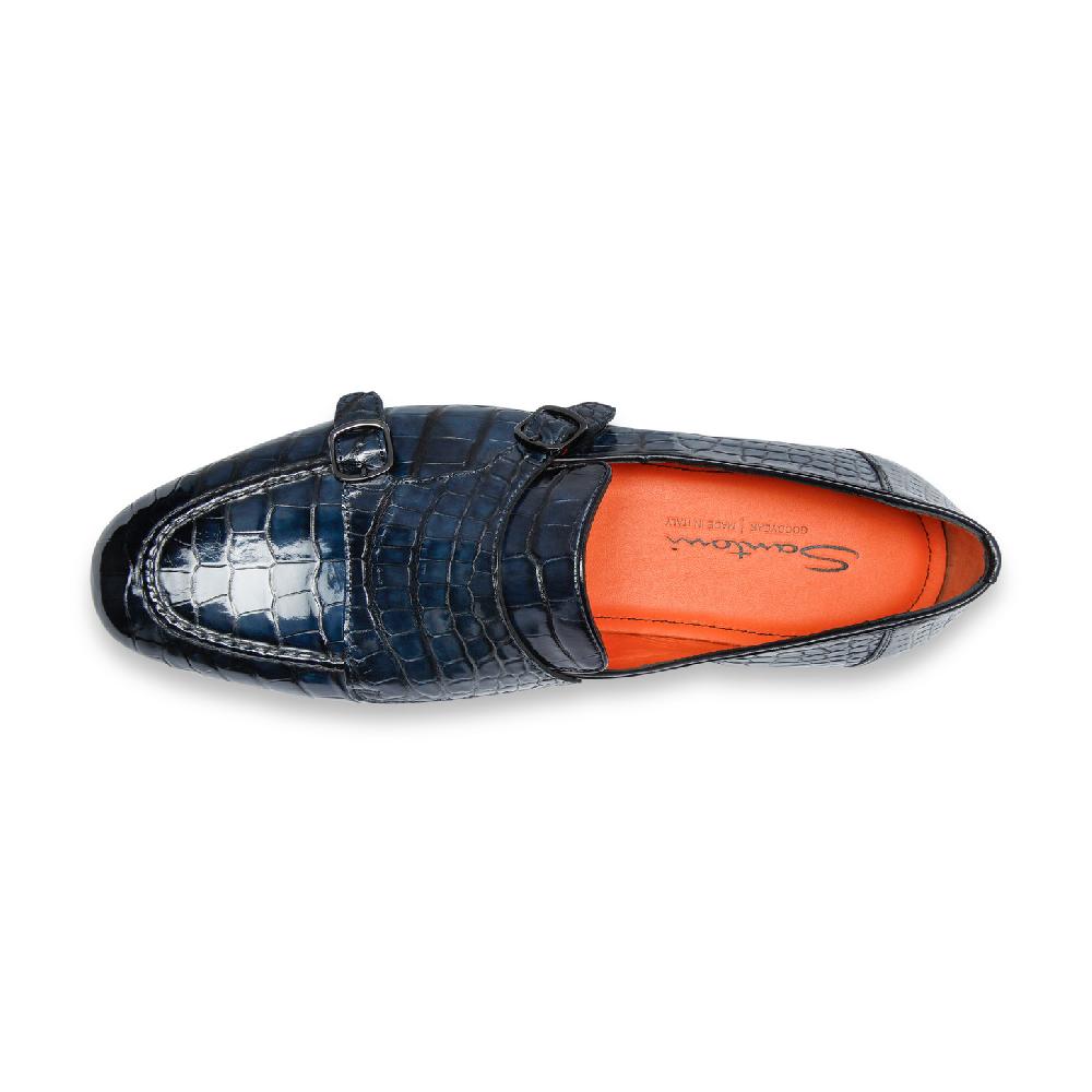 Santoni Mocassino con doppia fibbia da uomo in alligatore blu Nuova