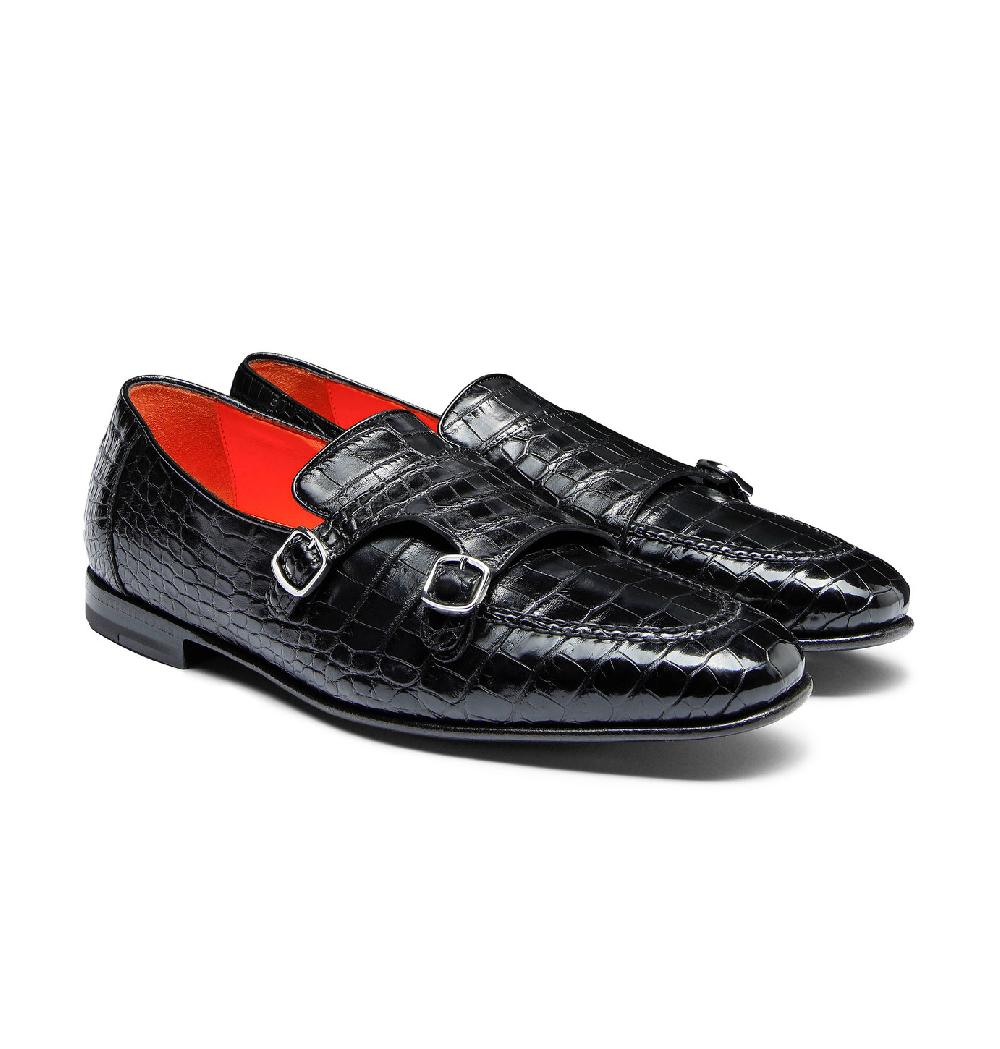 Santoni Mocassino con doppia fibbia da uomo in alligatore nero Italia