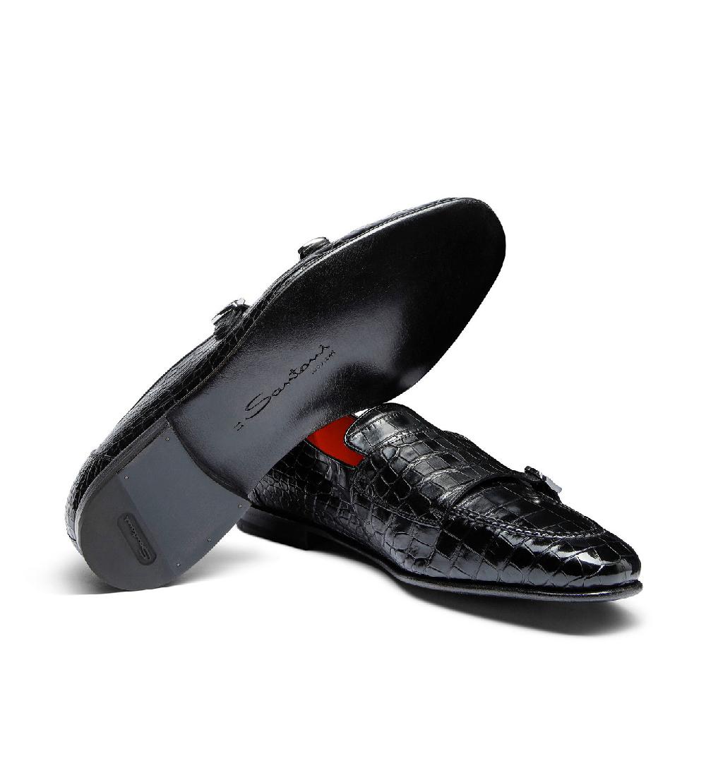 Santoni Mocassino con doppia fibbia da uomo in alligatore nero Italia