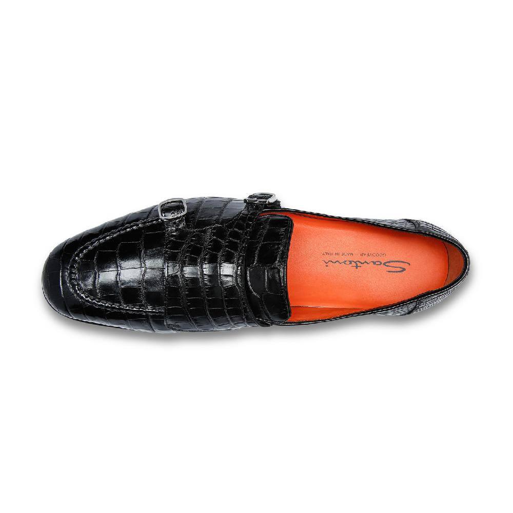 Santoni Mocassino con doppia fibbia da uomo in alligatore nero Italia