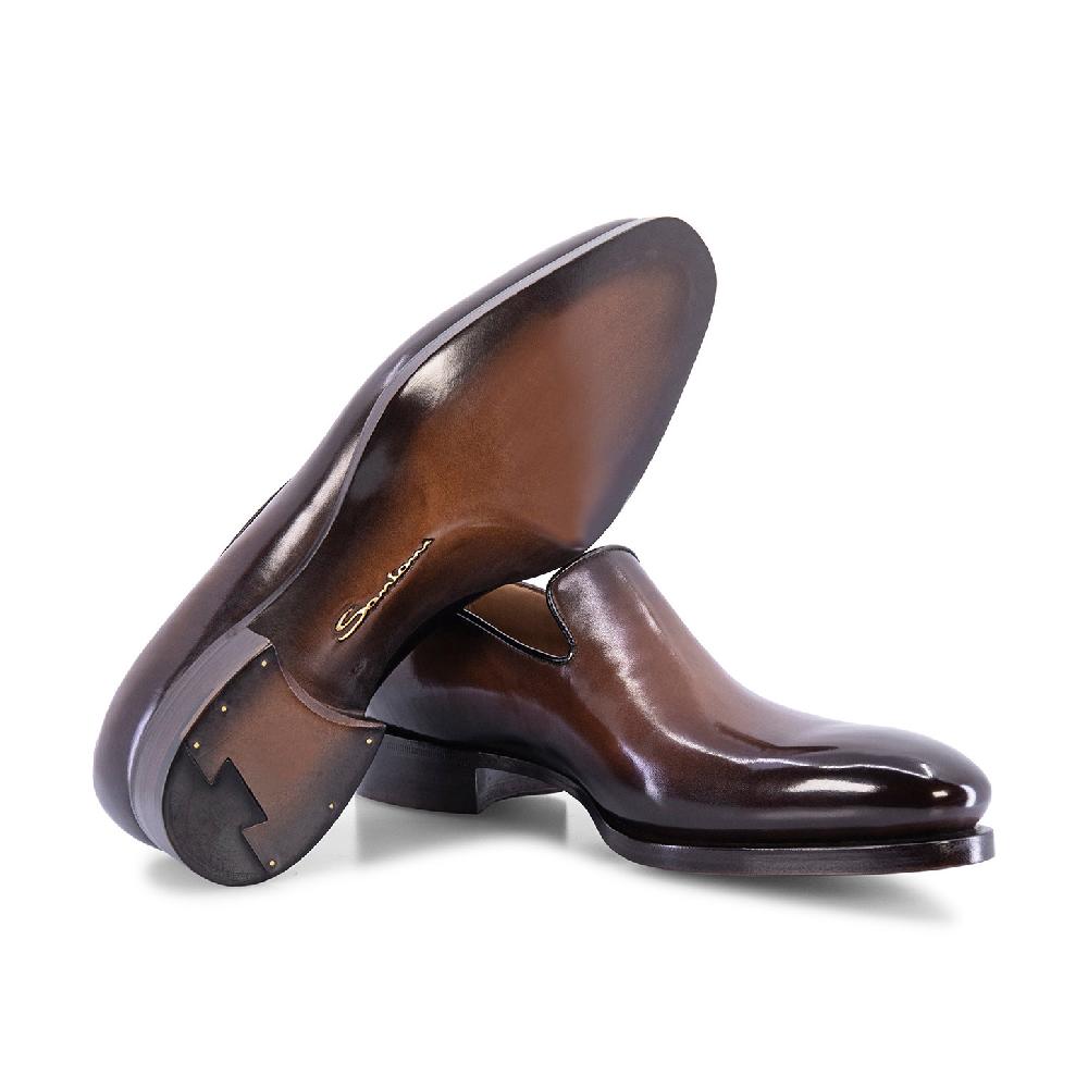 Santoni Mocassino Uniqua da uomo in pelle anticata marrone In Linea