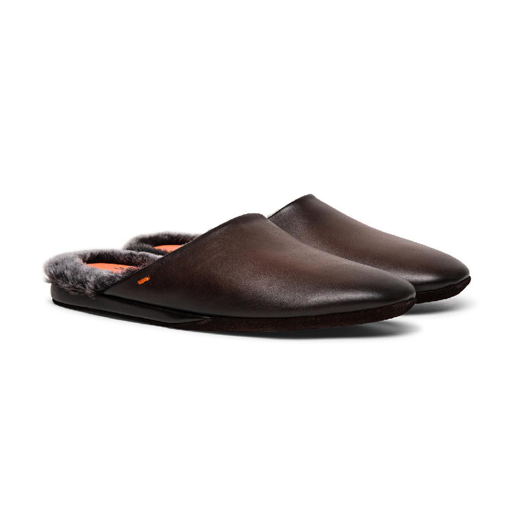 Santoni Pantofola da uomo in pelle anticata marrone Promozione