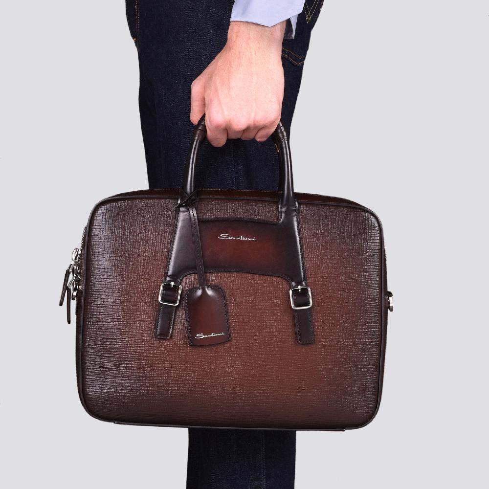 Santoni Briefcase in pelle stampata marrone Fino Al -60%