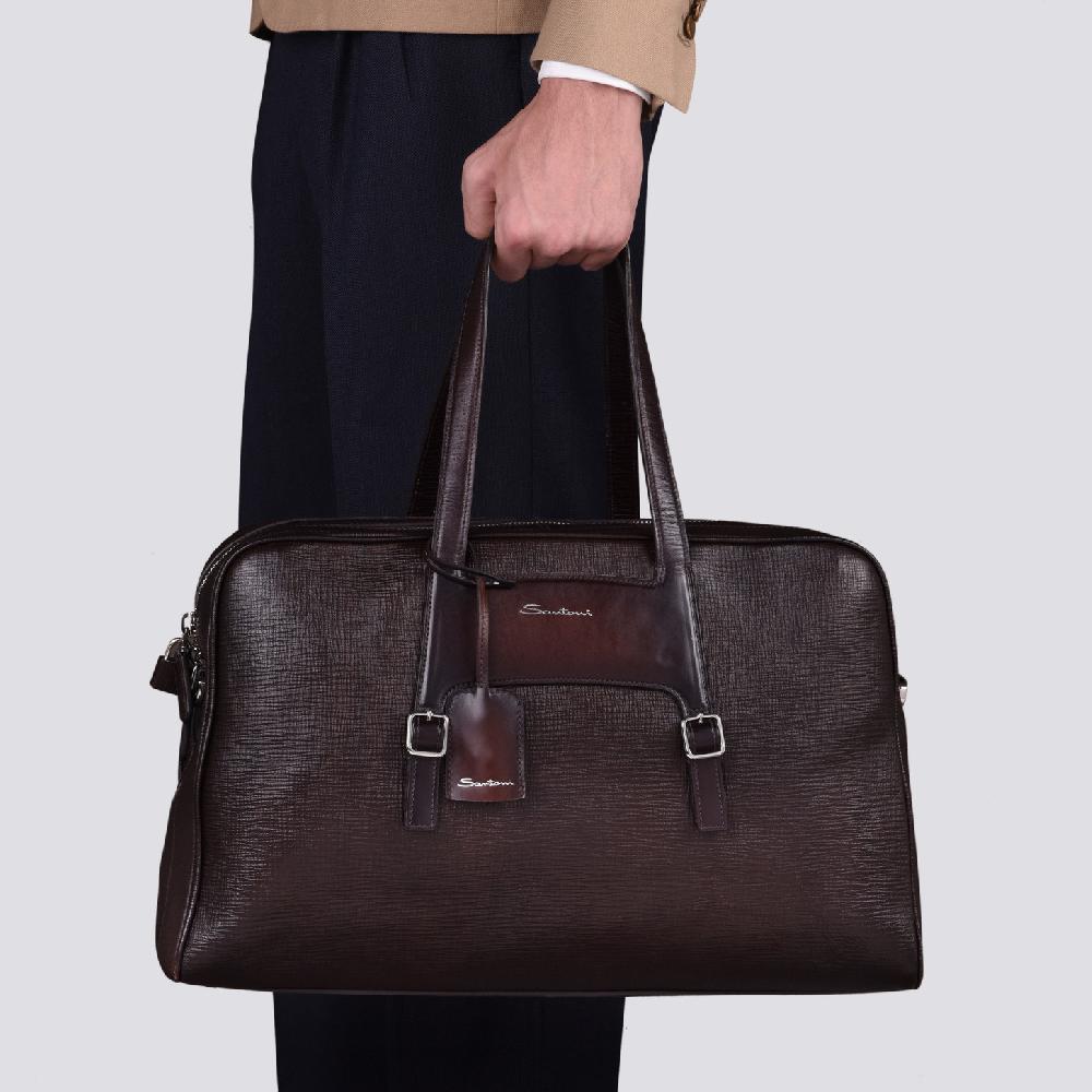 Santoni Borsa da viaggio in pelle stampata marrone Hotsell