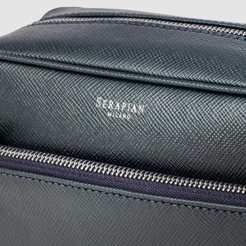 Serapian Wash bag recycled twill evoluzione leather navy blue Shopping Online