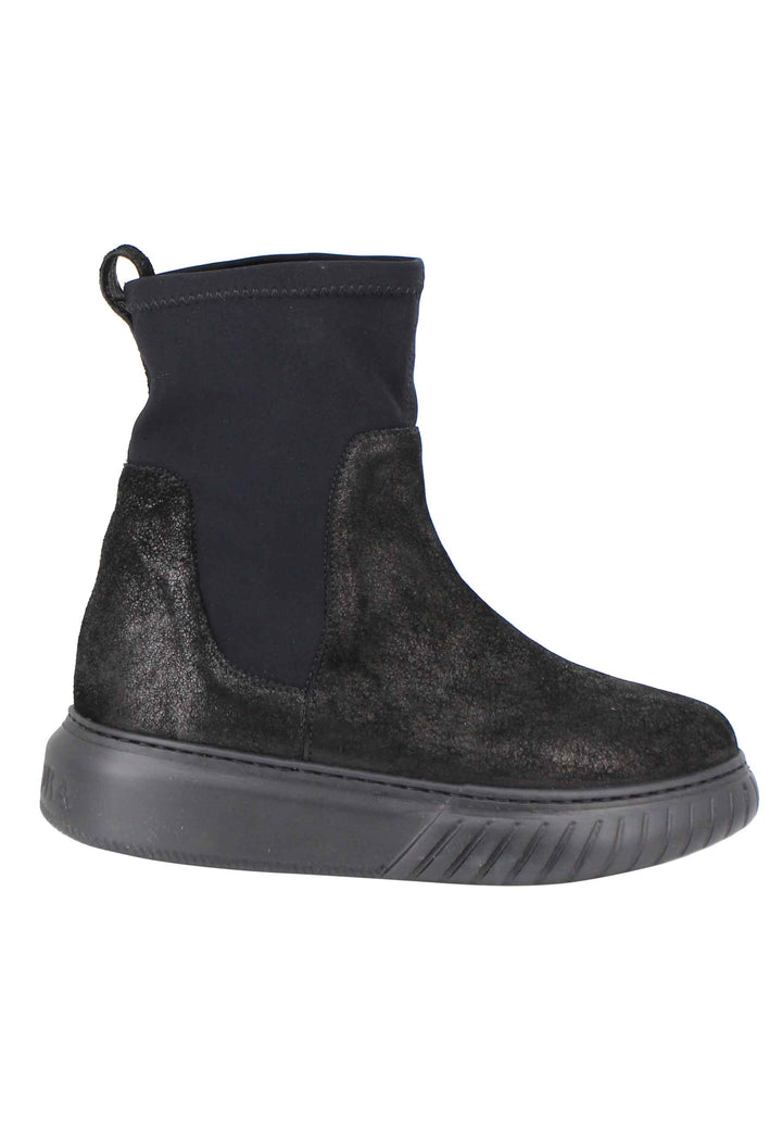 Spatarella Sneakers donna a stivaletto in pelle nera e tessuto elasticizzato in tinta suola in gomma alta Offerte