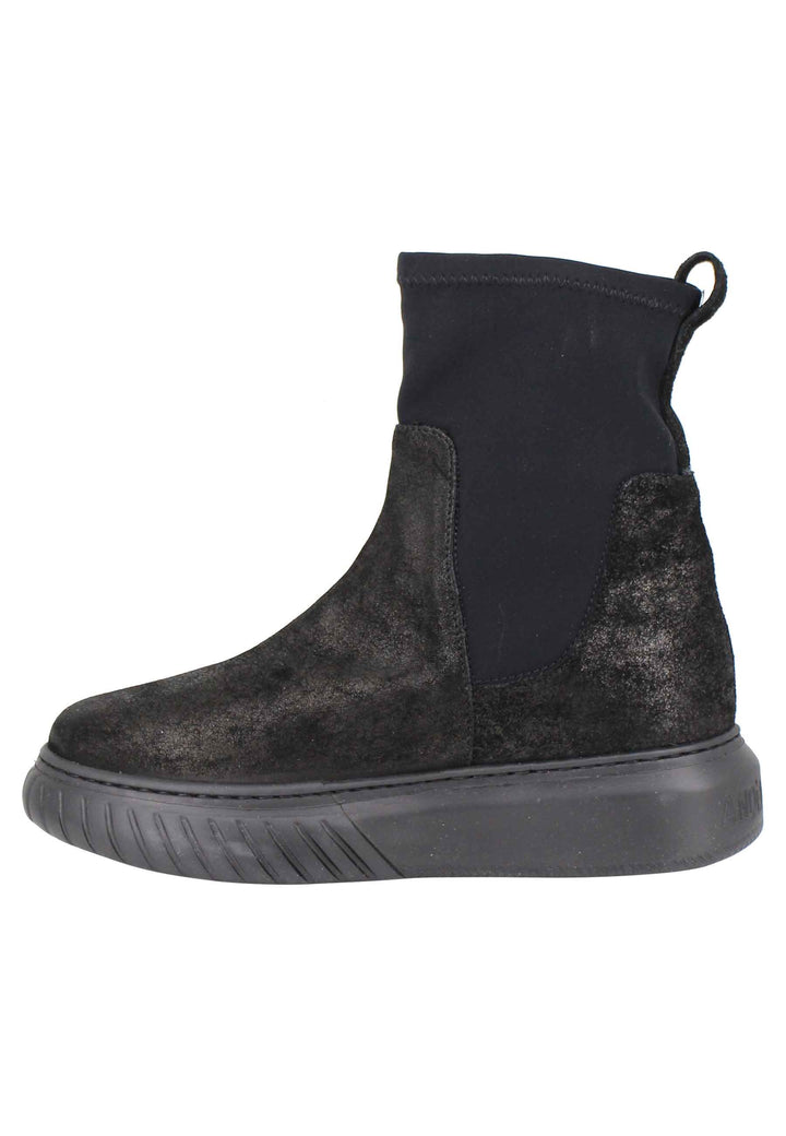 Spatarella Sneakers donna a stivaletto in pelle nera e tessuto elasticizzato in tinta suola in gomma alta Offerte