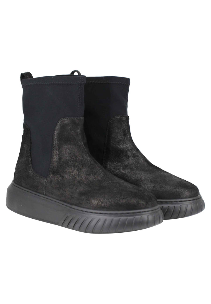 Spatarella Sneakers donna a stivaletto in pelle nera e tessuto elasticizzato in tinta suola in gomma alta Offerte