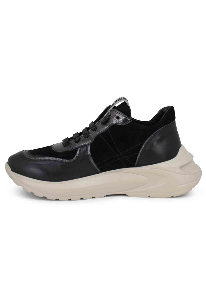 Spatarella Sneakers donna in pelle nera con suola in gomma Saldi Di Fabbrica