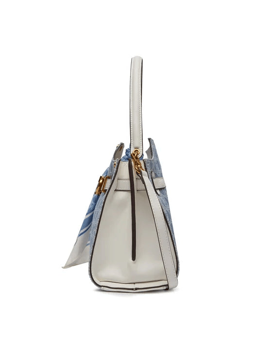 Spatarella Borse donna a spalla in cotone blu denim e pelle bianca Vendita Calda