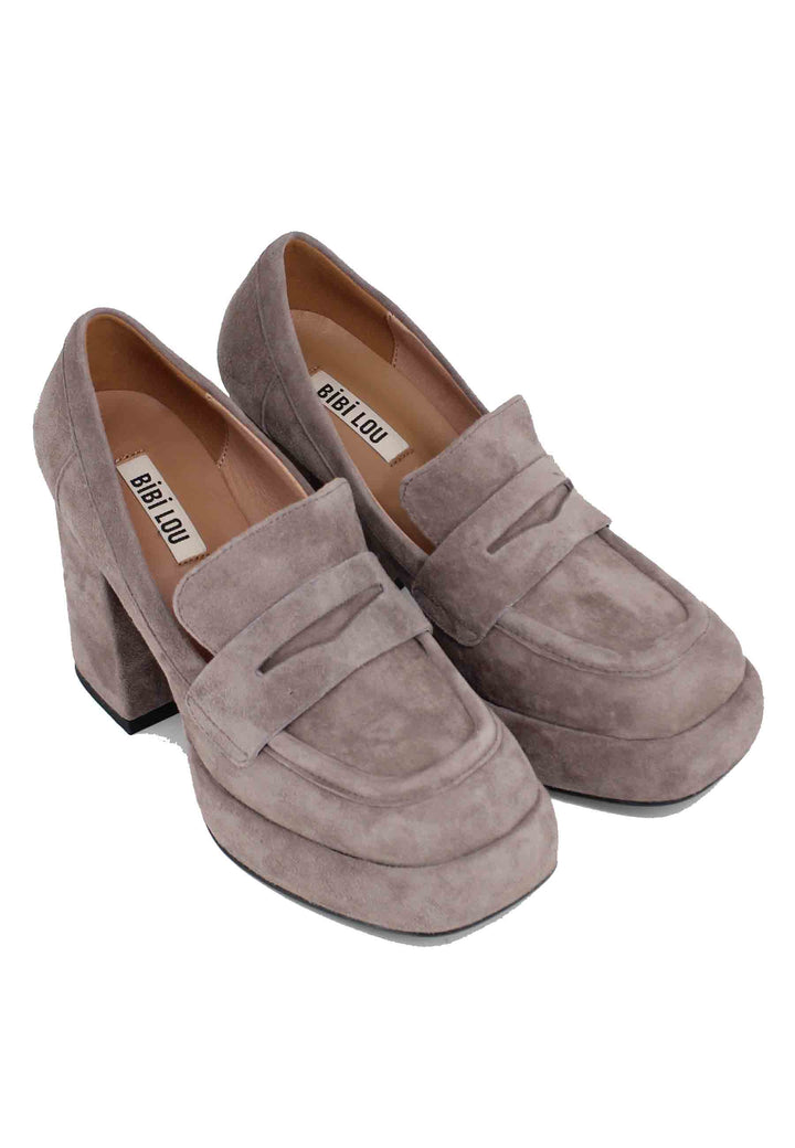 Spatarella Mocassini donna in camoscio grigio con tacco e plateau Natalie Consegna Veloce