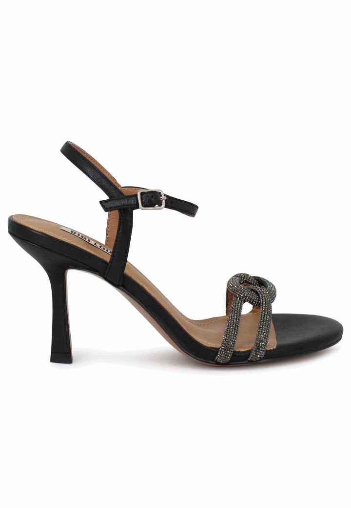 Spatarella Sandali donna Katia in pelle nera tacco alto con strass e cinturino alla caviglia Prezzo Ridotto