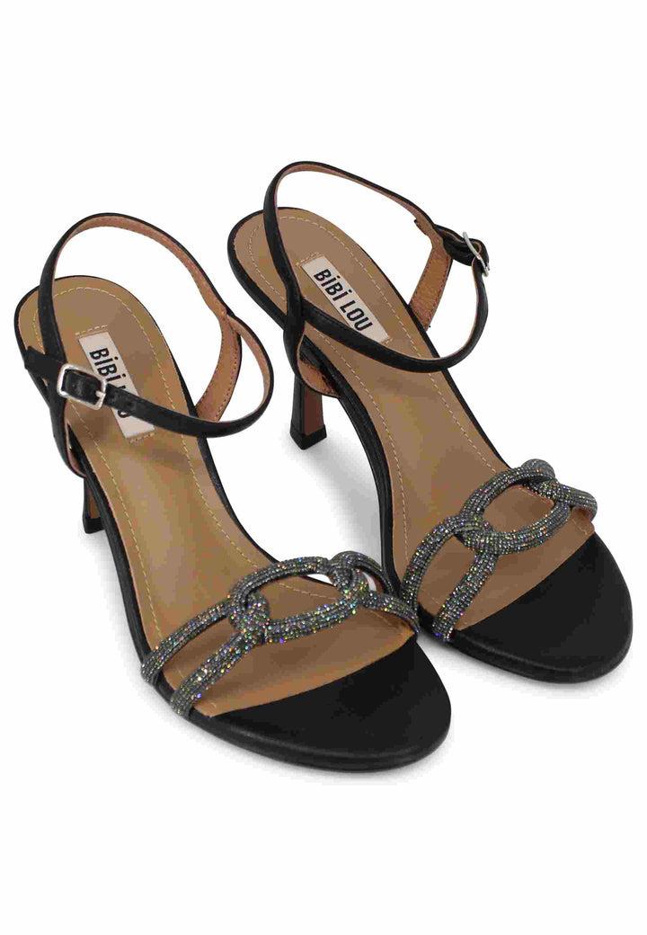 Spatarella Sandali donna Katia in pelle nera tacco alto con strass e cinturino alla caviglia Prezzo Ridotto