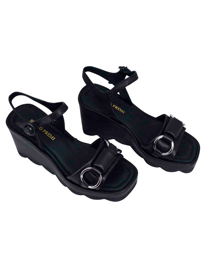 Spatarella Sandali donna in pelle nera con zeppa alta e cinturino alla caviglia Hotsell