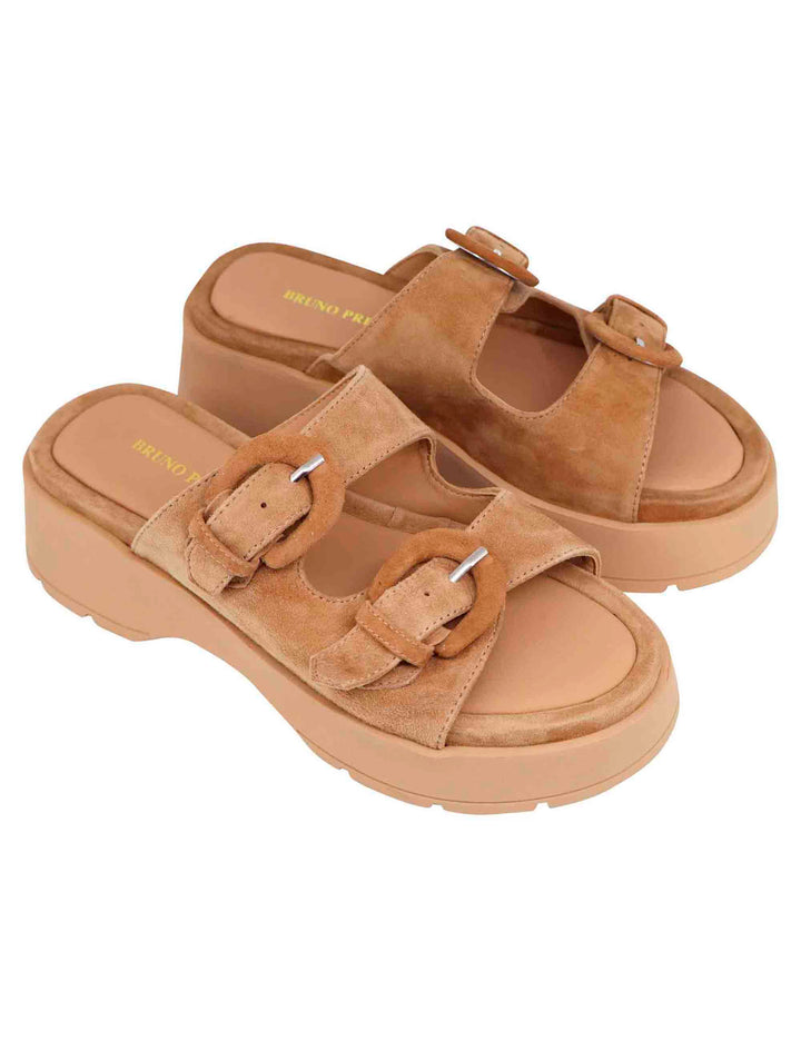 Spatarella Sandali donna in camoscio beige con suola in gomma alta e fibbie Vendita Calda
