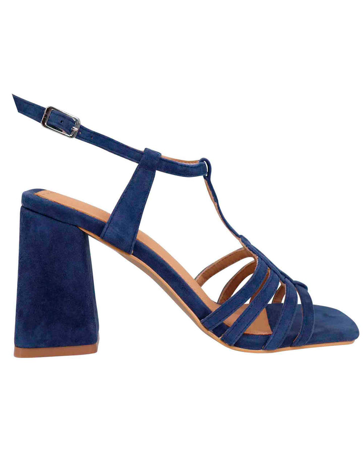 Spatarella Sandali donna in camoscio blu con tacco alto e punta quadra Vendita Economica