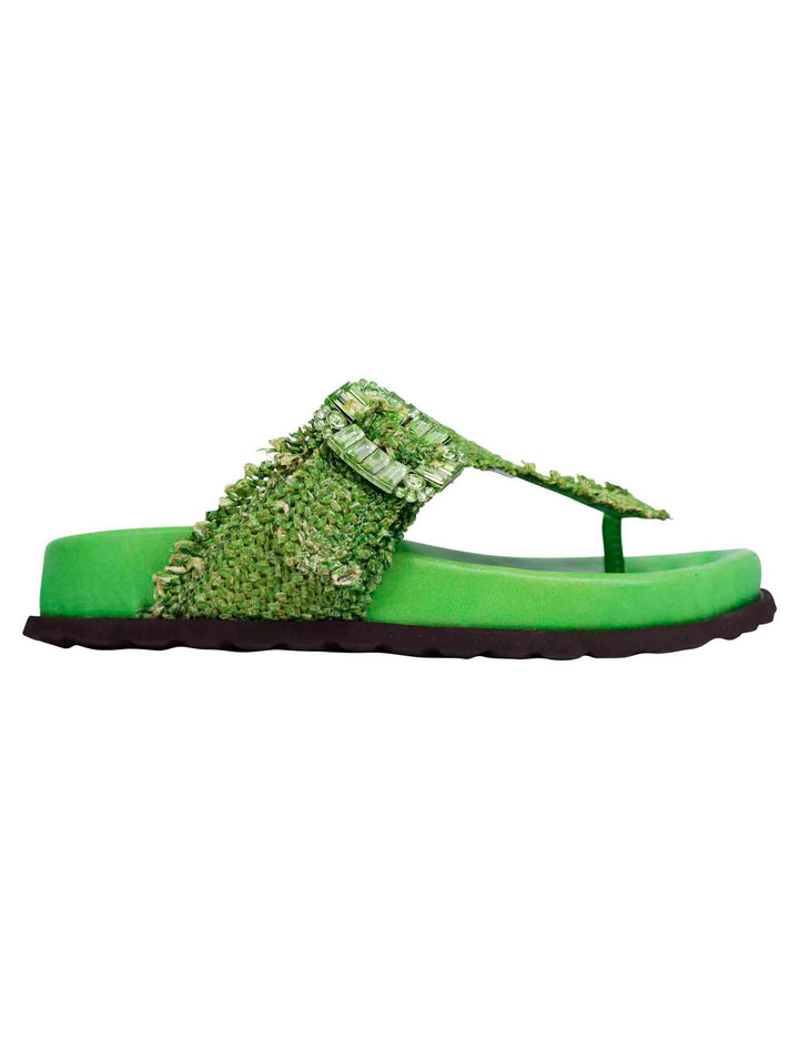 Spatarella Sandali infradito donna in rafia e pelle verde con fussbett alto Vendite Flash