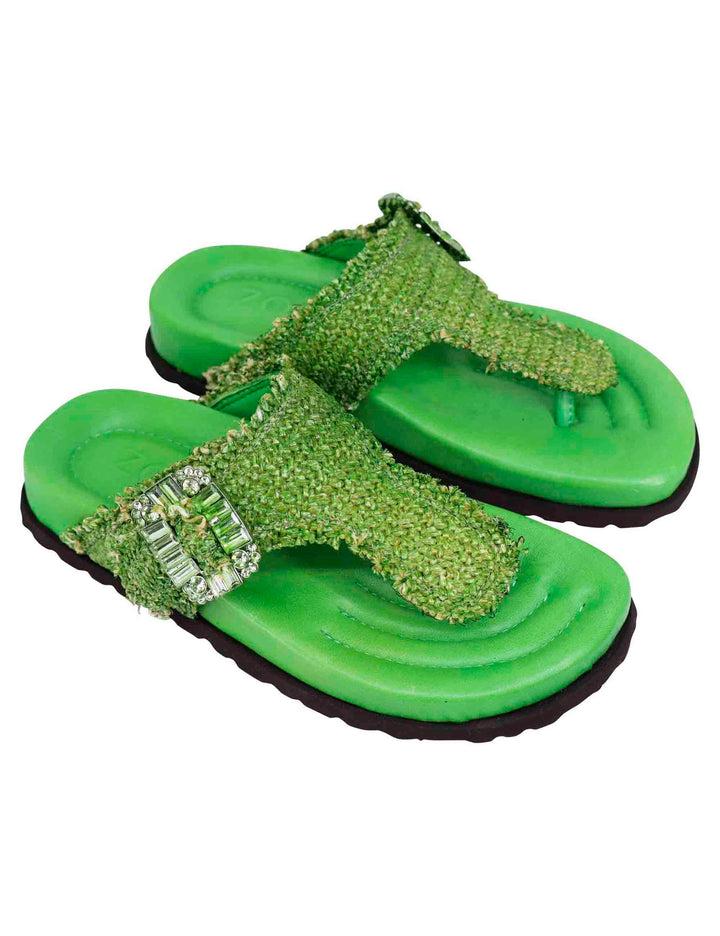 Spatarella Sandali infradito donna in rafia e pelle verde con fussbett alto Vendite Flash