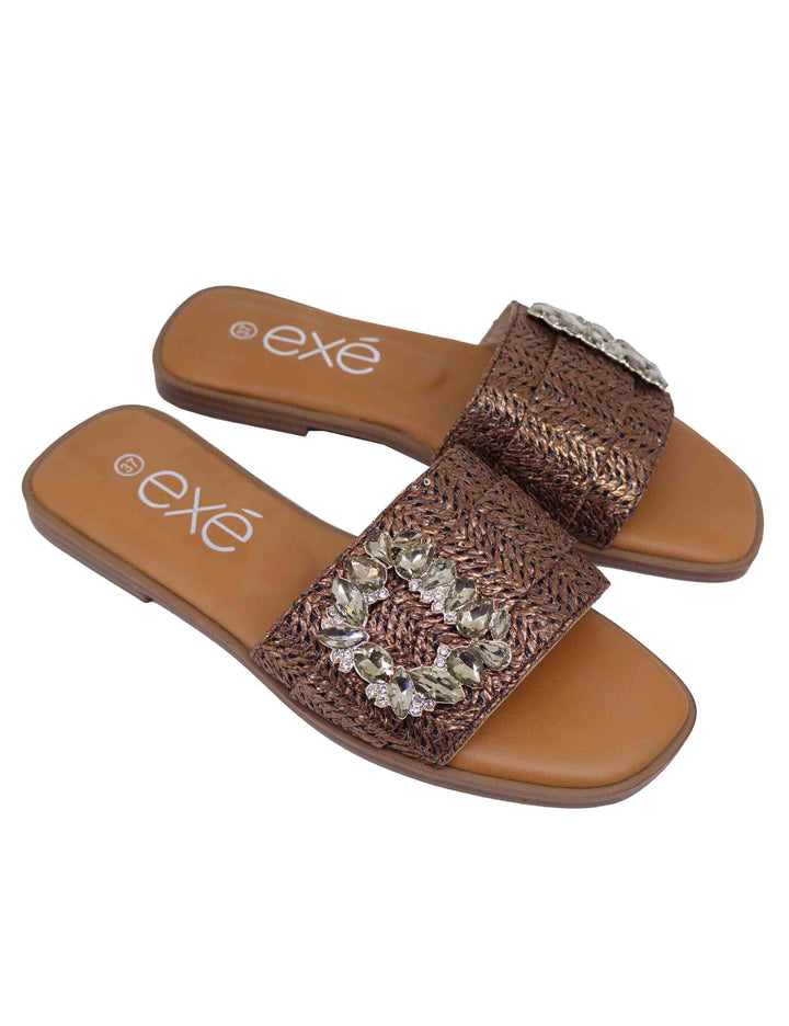 Spatarella Sandali flat donna in tessuto bronzo con fibbia in strass Italy