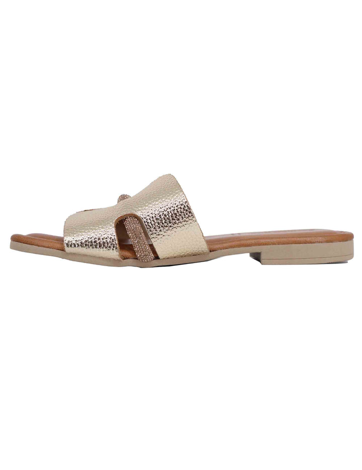 Spatarella Sandali flat donna in pelle laminata platino con stass Italia