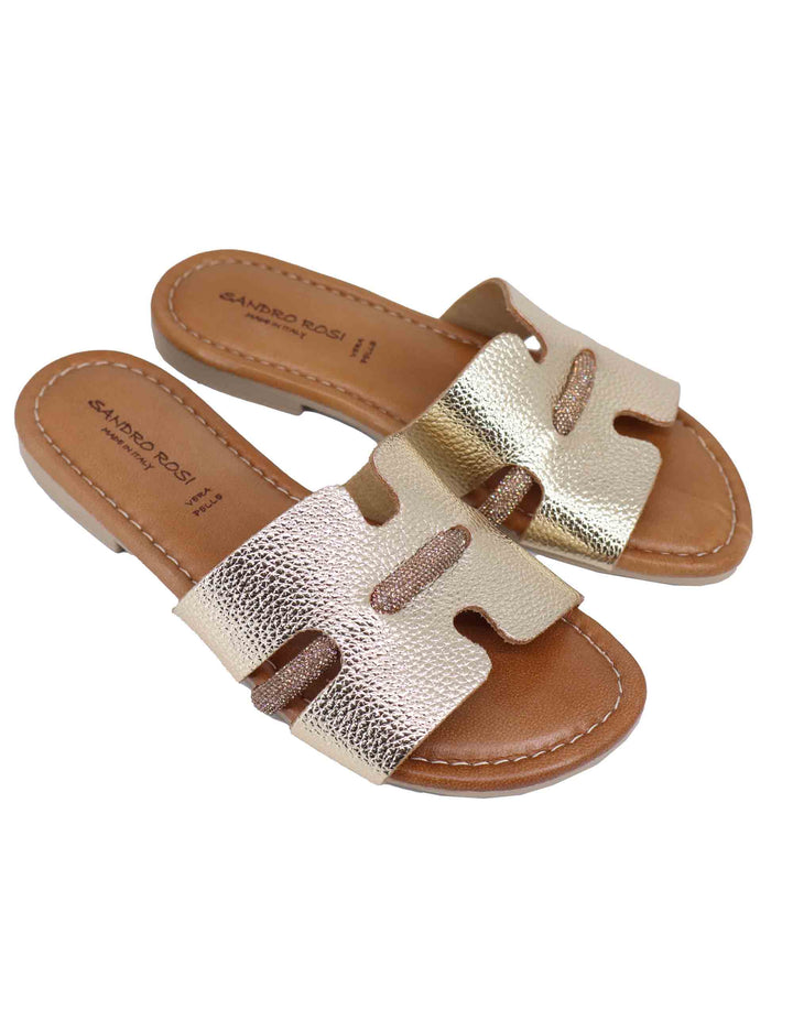 Spatarella Sandali flat donna in pelle laminata platino con stass Italia