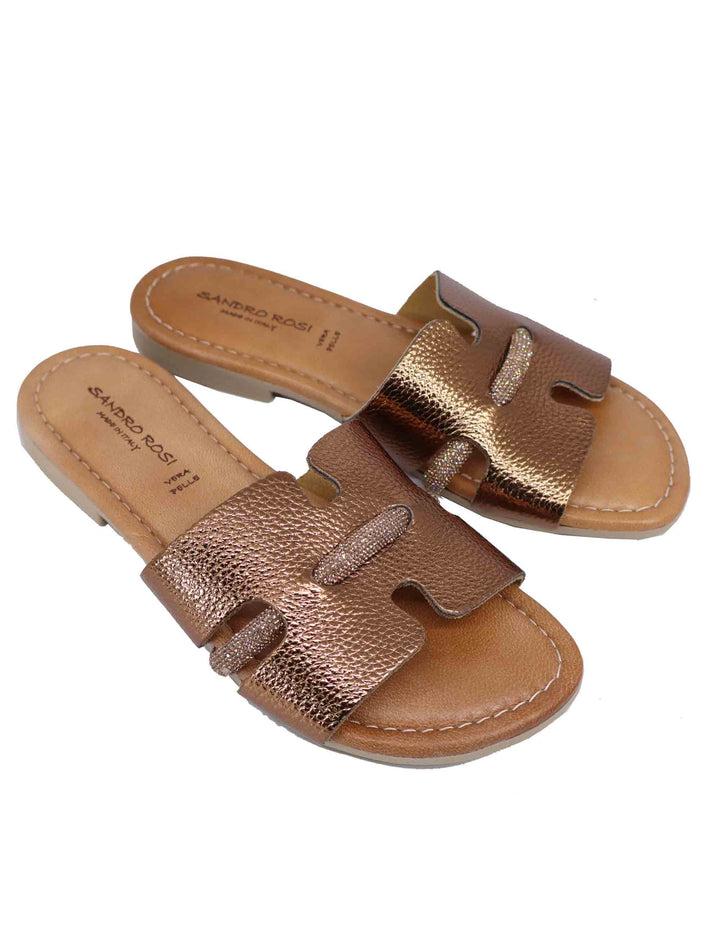 Spatarella Sandali flat donna in pelle laminata bronzo con stass Fino al 65% di sconto