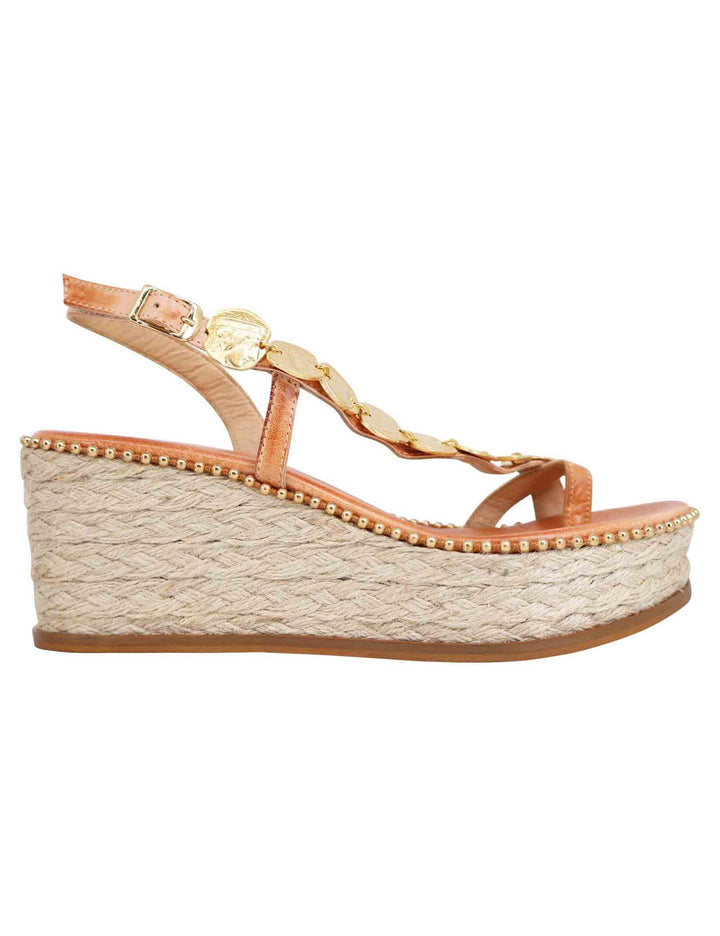 Spatarella Sandali infradito donna in pelle naturale con accessori oro e zeppa in corda Vendita