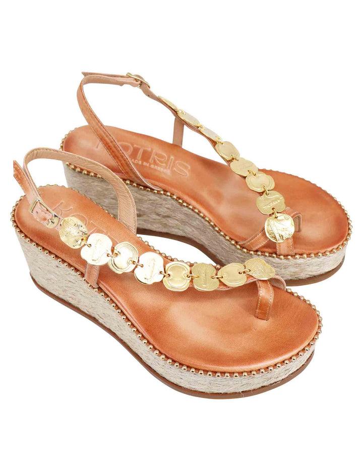 Spatarella Sandali infradito donna in pelle naturale con accessori oro e zeppa in corda Vendita