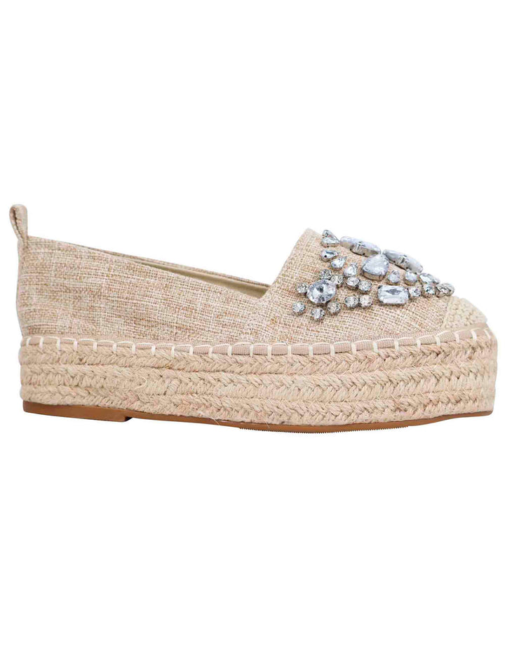 Spatarella Espadrillas donna in tessuto beige con strass e suola alta in corda Vendita Economica