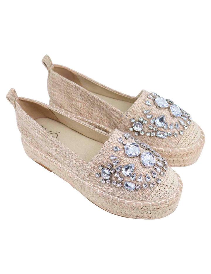 Spatarella Espadrillas donna in tessuto beige con strass e suola alta in corda Vendita Economica