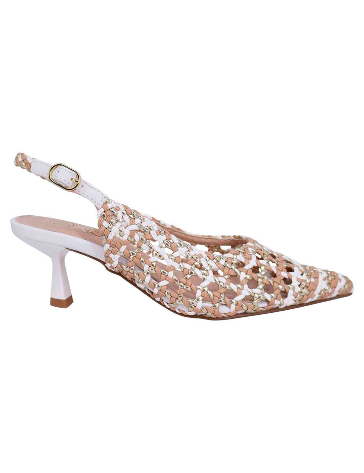Spatarella Decollete slingback donna in eco pelle laminata bronzo multicolore con tacco bianco Saldi Di Fabbrica