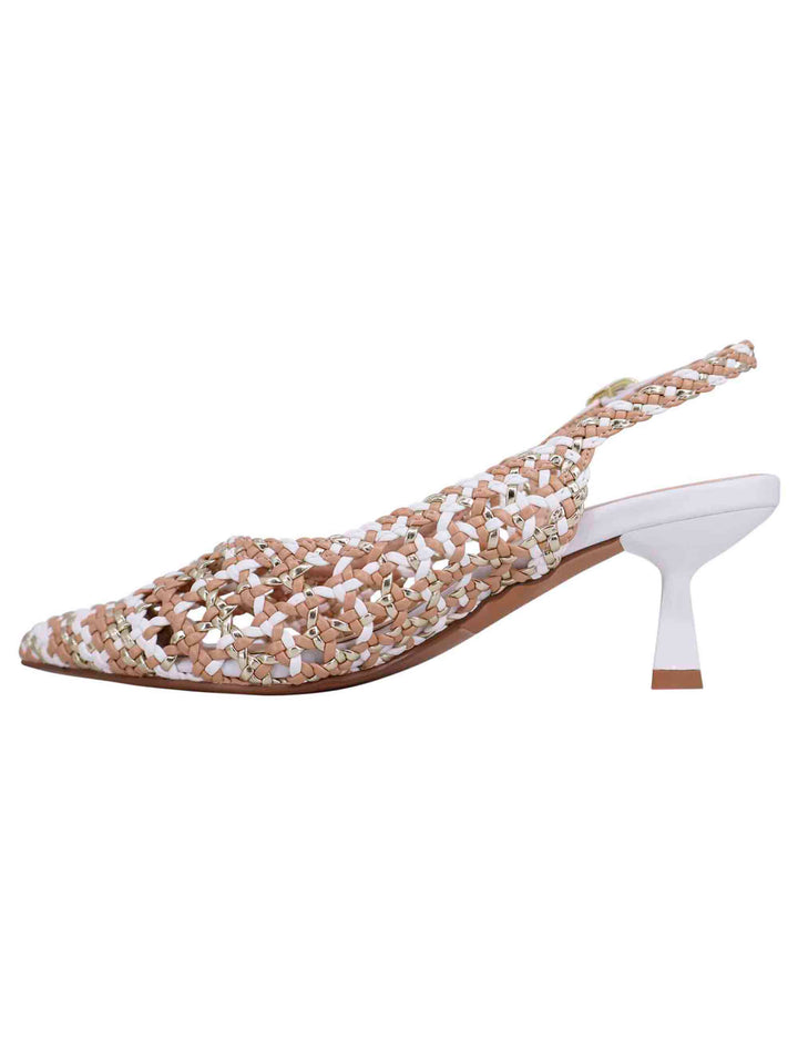 Spatarella Decollete slingback donna in eco pelle laminata bronzo multicolore con tacco bianco Saldi Di Fabbrica