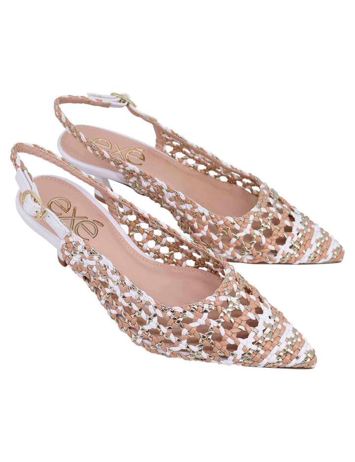 Spatarella Decollete slingback donna in eco pelle laminata bronzo multicolore con tacco bianco Saldi Di Fabbrica