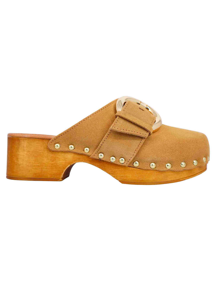 Spatarella Sabot donna in camoscio beige con fibbia laterale e tacco basso in legno I Più Venduti
