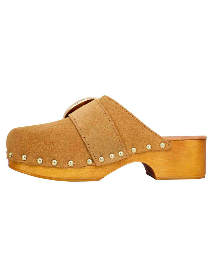 Spatarella Sabot donna in camoscio beige con fibbia laterale e tacco basso in legno I Più Venduti
