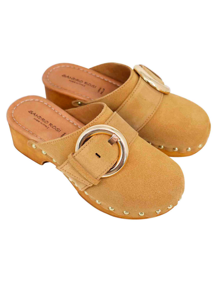 Spatarella Sabot donna in camoscio beige con fibbia laterale e tacco basso in legno I Più Venduti