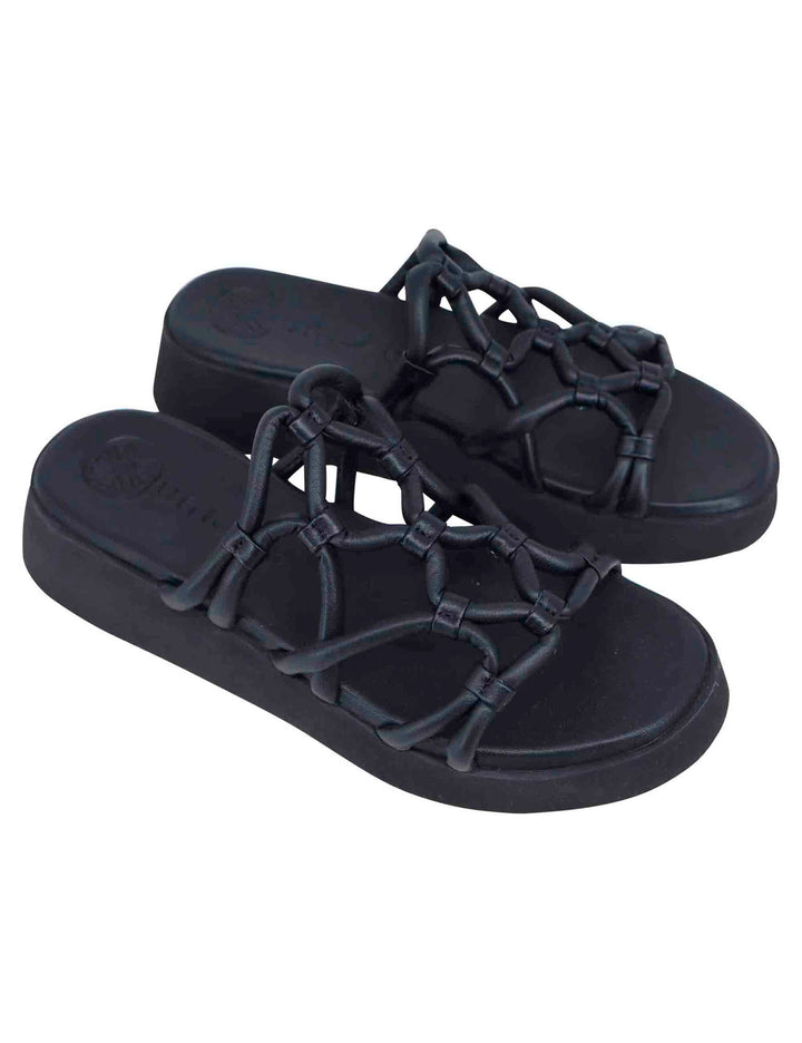 Spatarella Sandali donna in pelle nera con zeppa in gomma In Saldo