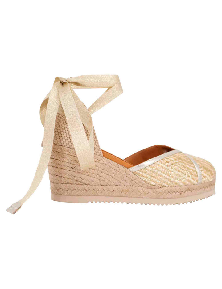Spatarella Sandali espadrillas donna in tessuto oro e platino con zeppa in corda Nuova