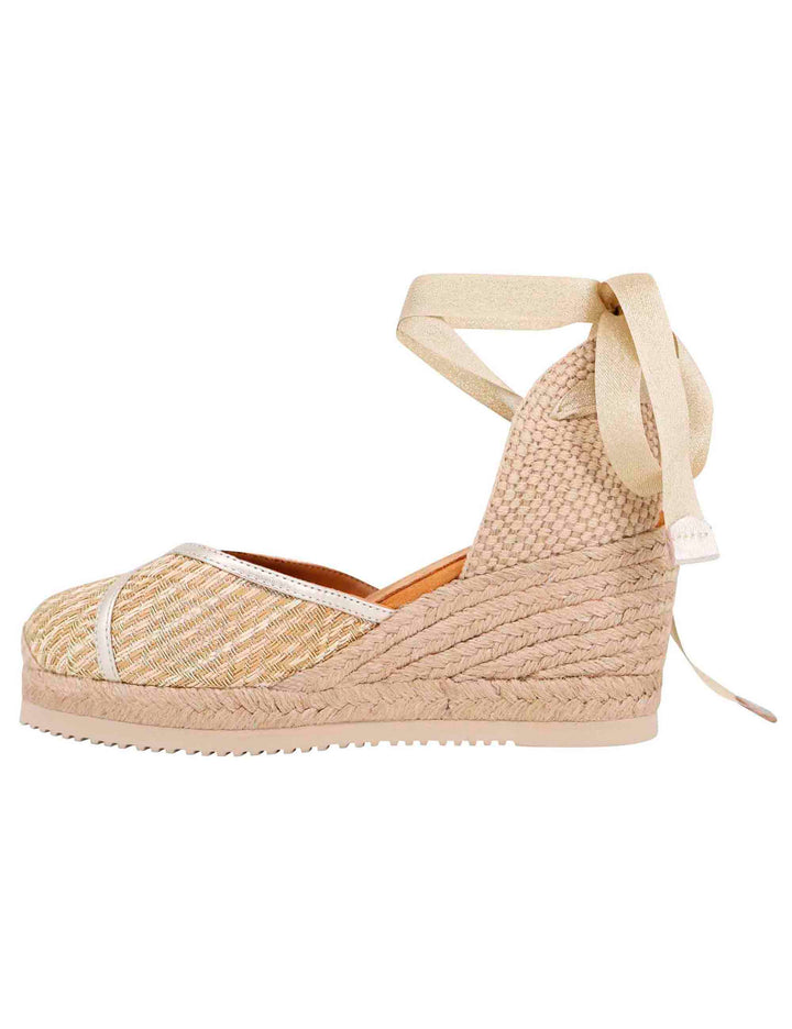 Spatarella Sandali espadrillas donna in tessuto oro e platino con zeppa in corda Nuova